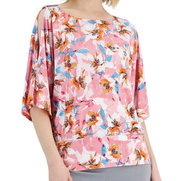 NWT JM Collection Women's Cutout-Sleeve Top, Pink Multi Floral, Small - Picture 1 of 5